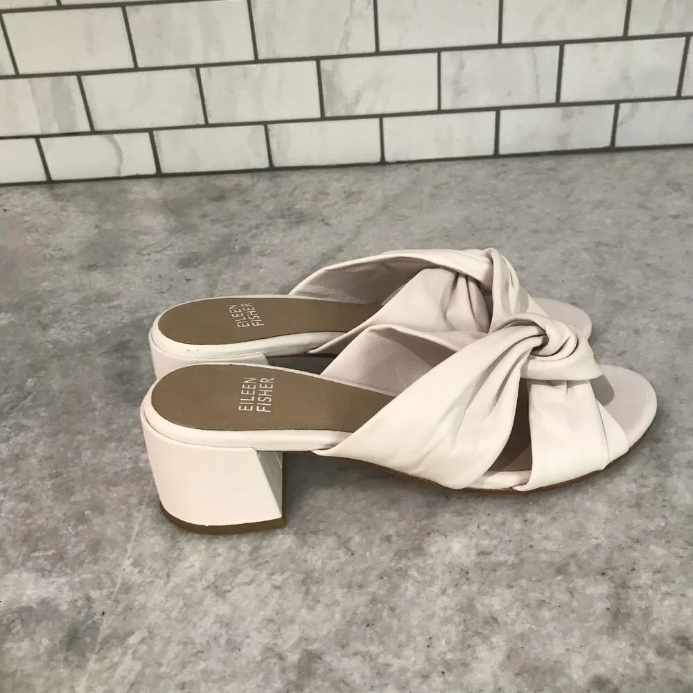 Eileen Fisher Sandals Womens Size 6 White Knot Slide Block Heel Mule Open Toe